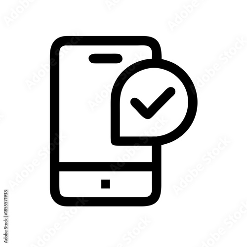 Black and white icon of smartphone with checkmark in circle for mobile verification or task completion
