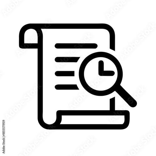 Black and white icon of document with magnifying glass and clock for time tracking or historical review