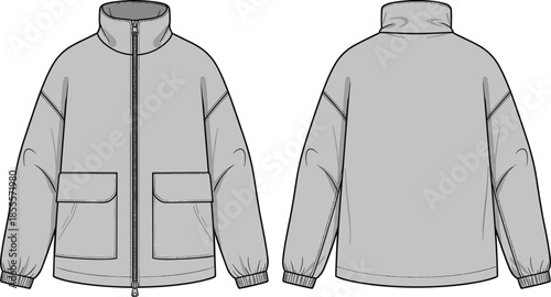   High neck zip jacket fashion flat sketch with front pockets, vector apparel design for outerwear template, unisex casual winter clothing illustration