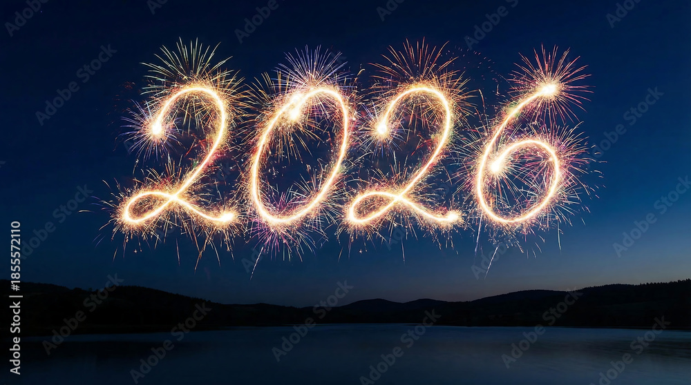 Obraz premium Glowing fireworks display spelling out 2026 against a dark blue night sky with silhouette of hills and water, celebration and new year concept