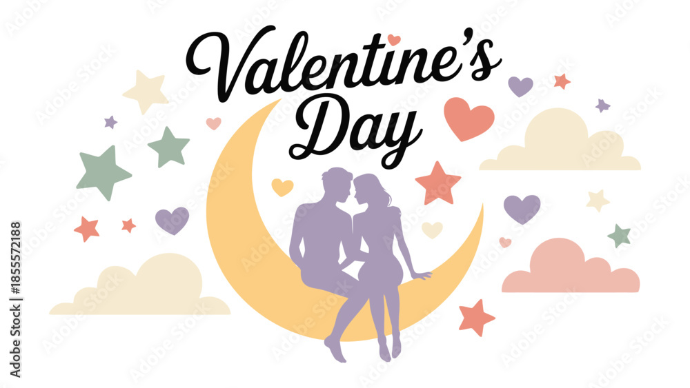 Fototapeta premium Romantic Valentine's Day Illustration: A sweet illustration of a couple is embracing under a crescent moon, surrounded by stars and hearts, conveying love and romance. 