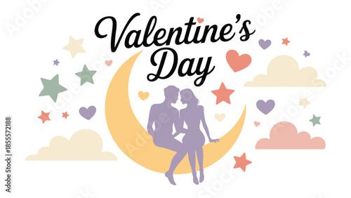 Romantic Valentine's Day Illustration: A sweet illustration of a couple is embracing under a crescent moon, surrounded by stars and hearts, conveying love and romance. 