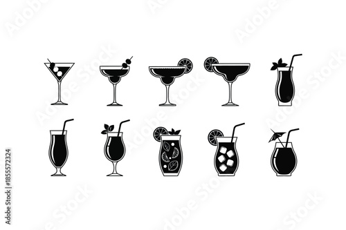 Cocktail and Tropical Drink Icon Set Black Minimalist Vector Silhouettes for Bar Menu and Party Design