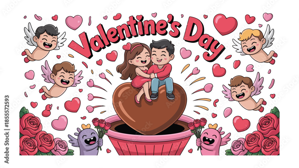 Fototapeta premium Love's Day Celebration: A tender moment on Valentine's Day features an embracing couple amidst hearts and cherubs, symbolizing romance, affection, and the celebration of love. 