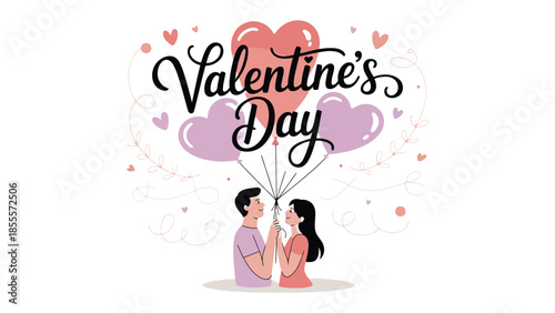 Valentine's Day Couple in Love: A couple, their hearts entwined, stands beneath floating heart-shaped balloons, celebrating love and connection on Valentine's Day. 