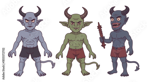 Three cartoon demons with horns and tails standing against a white background