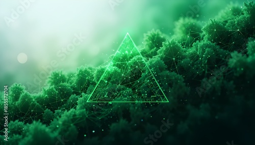 Abstract Green Technology Background with Dynamic Triangles, Particle Mist, and Cybersecurity Network Vector Illustration