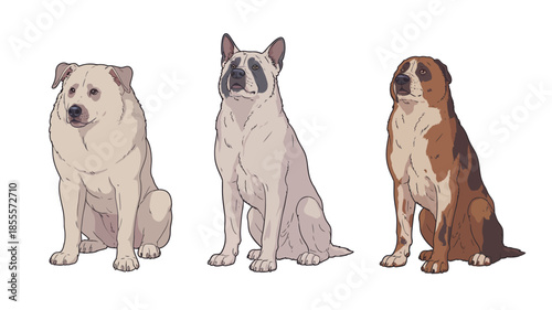 Three diverse dog breeds sitting together in a row