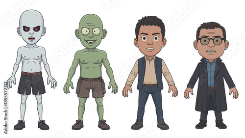 Cartoon characters representing different archetypes including a zombie and a scientist