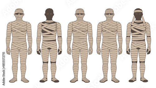 Five diverse mummies standing in a row wearing ancient bandages