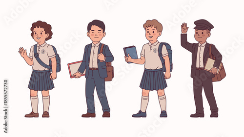 Group of diverse school children in uniform carrying books and backpacks
