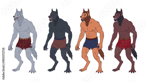 Four cartoon werewolves standing side by side in different colors