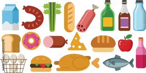 Collection of Flat Food Icons and Grocery Vector Illustrations
