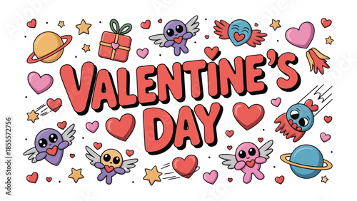 Valentine's Day Greeting: Colorful and festive illustration brimming with symbols of love, happiness, and affection, creating a joyful ambiance for the special day.