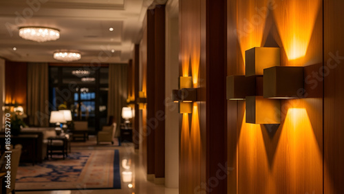 Elegant hotel corridor bathed in the soft glow of contemporary wall sconces, highlighting polished wooden panels and a refined, luxurious interior design