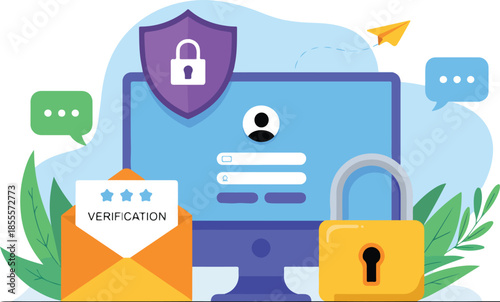 Cyber Security and Online Account Verification Vector Illustration -cyber security, data protection, account verification, information security, online safety, padlock, shield, security icon, login sc