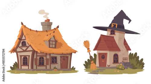 Whimsical halloween cottages with witch hat and broomstick