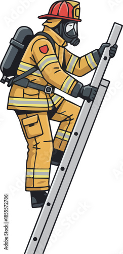 Firefighter Climbing Ladder - Brave Fireman on Rescue Mission and Emergency Responder Action Concept Vector