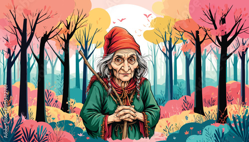 057-03-Old woman crone holding a staff, standing in a vibrant autumn forest