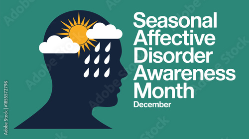 Seasonal affective disorder awareness month concept with head, high ranking mental health illustration emphasizing emotional well-being, depression education, and public health awareness campaigns.