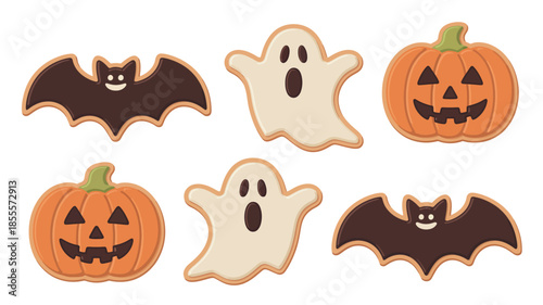 Halloween cookies shaped like bats ghosts and pumpkins on a white background