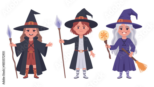 Three cartoon witches in traditional halloween costumes holding props