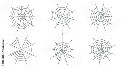 Collection of six detailed hand drawn spider web illustrations on white background