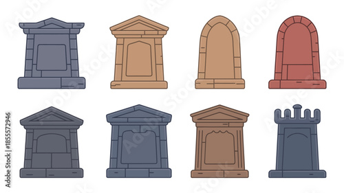 Collection of eight distinct gothic style gravestones and tombstones
