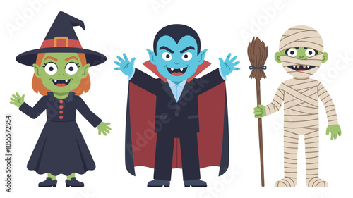 Cute cartoon characters of a witch vampire and mummy for halloween