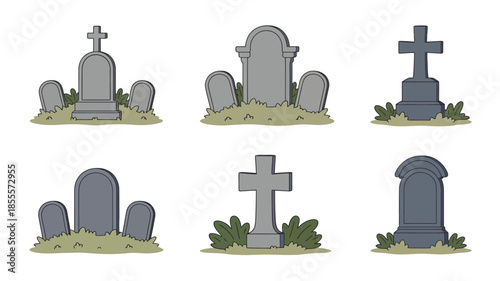 Collection of various tombstone and gravestone illustrations on white background