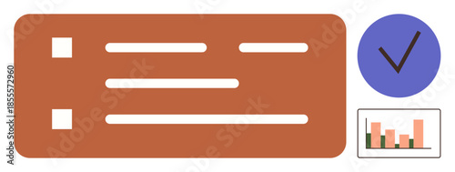Checklist with open boxes, completed task checkmark, bar chart tracking progress. Ideal for organization, productivity, planning, data analysis, goal setting, management simple flat metaphor