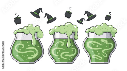 Three glasses of bubbling green potion with witch hats and cauldrons