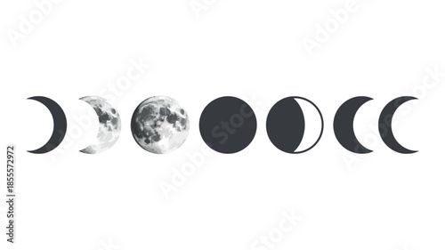 Celestial moon phases cycle illustration on white background
