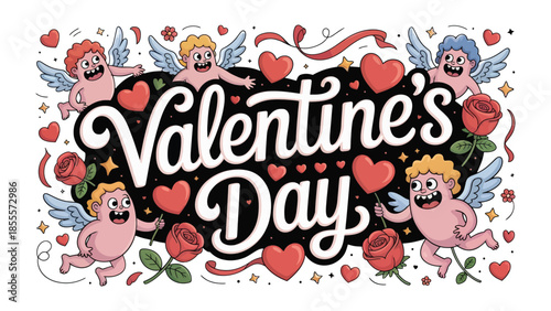 Valentine's Day Imagery: A festive composition celebrates the day of love with charming cherubs, hearts, and roses. A perfect image for expressing affection and heartfelt sentiments.