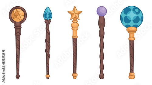 Collection of five ornate fantasy magic staffs and wands with glowing gems