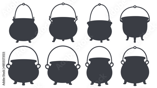 Collection of eight black cauldron silhouettes on a white background