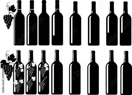 Black and white wine bottle silhouettes with grape clusters and vines for vineyard branding, winery logos, and cellar menu design.