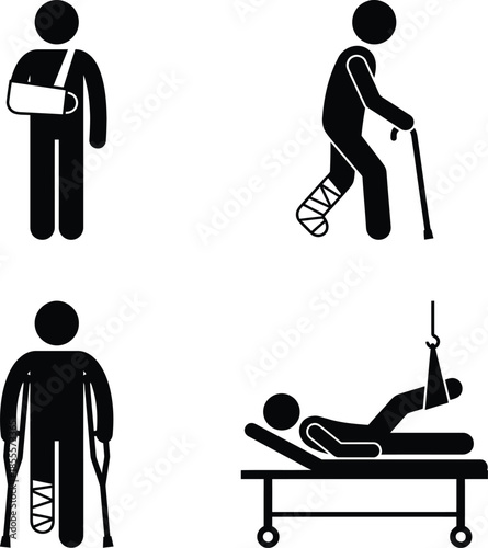 Stick figures illustrating different types of injuries and medical treatments