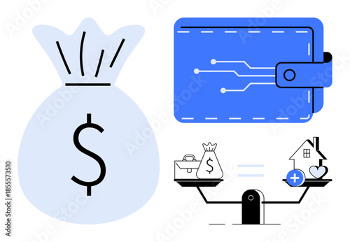 Financial management. Illustration highlights financial management with money bag, digital wallet, and scales balancing investments. Financial management supports decisions on investment