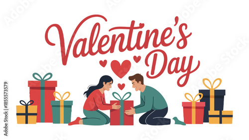 Valentine's Day Gift: A romantic illustration of a couple exchanging gifts amidst heart decorations, capturing the essence of love and celebration on a special day.