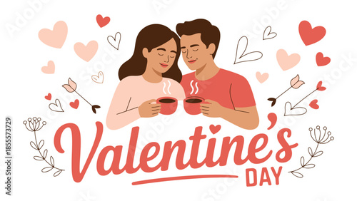 Valentine's Day Couple's Cozy Moment: A couple shares an intimate Valentine's Day moment, holding cups, with soft hearts and arrows around them, a beautiful celebration of love and togetherness.