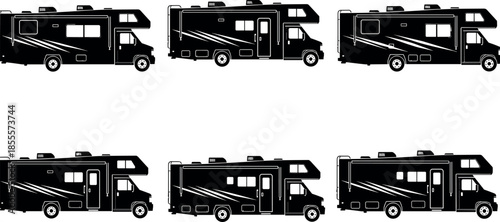 Set of Class C Motorhome Silhouettes and RV Vector Icons for Camping Travel Road Trip Outdoor Adventure and Vacation Transport Designs