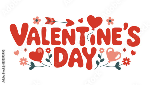 Valentine's Day Design: Playful illustration of the words Valentine's Day is adorned with delightful hearts, flowers, and an arrow, embodying the essence of love and celebration.