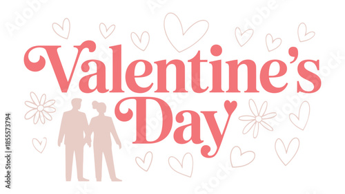 Valentine's Day Illustration: A romantic illustration for Valentine's Day features an embracing couple, complemented by hearts and flowers, conveying a message of love and affection.
