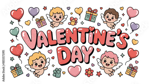Valentine's Day Delight: Adorable cartoon cupids, heart-shaped balloons, and wrapped gifts, symbolizing love, affection, and celebration.