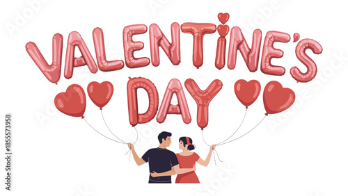 Valentine's Day Couple in Love: A romantic scene unfolds as a loving couple celebrates Valentine's Day. The pair holds heart-shaped balloons, symbolizing the warmth and affection of the holiday