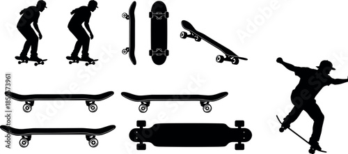 Skateboard Silhouette Set with Skaters Performing Tricks and Various Board Perspectives Including Longboard and Street Deck View for Urban Sports Design