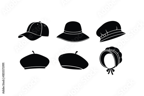 Set of Female and Male Headwear Icons Baseball Cap, Beret, Sun Hat, Bonnet, and Baker Boy Hat Silhouette Vector Illustrations