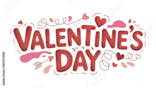 Valentine's Day Greeting: Artistic text illustration for Valentine's Day. Featuring the word Valentine's Day, decorated with hearts and an arrow, this image expresses a feeling of love and romance