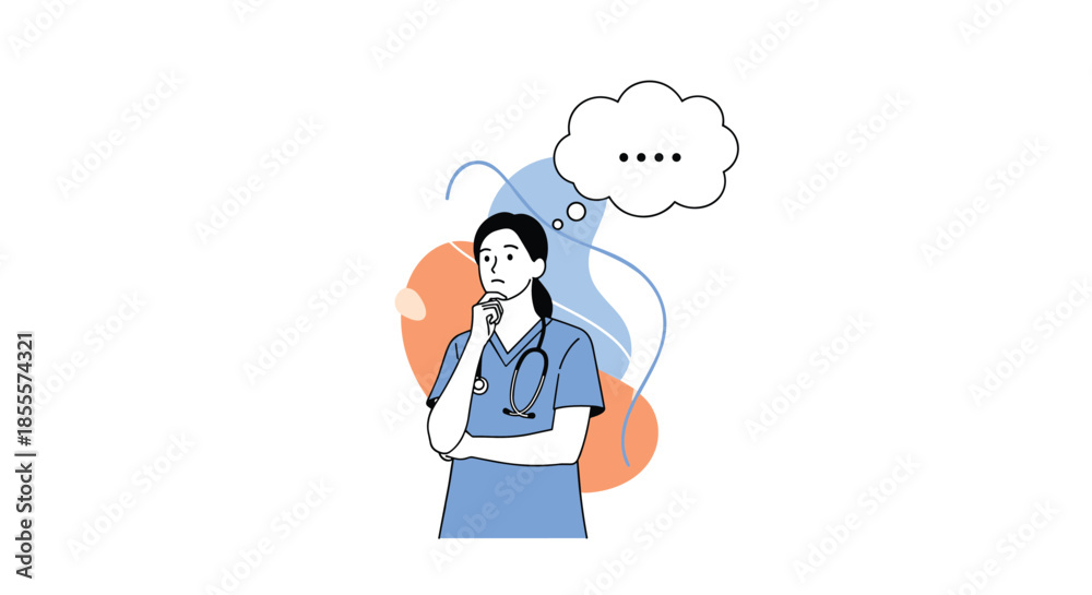 Fototapeta premium Female medical professional in blue scrubs looking up and thinking with empty thought bubble and colorful background shapes.